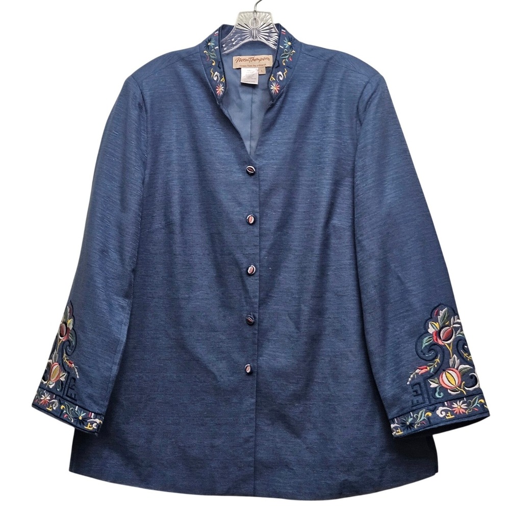 Vintage Norm Thompson Jacket Womens L Blue Silk Embroidered Boho Art To‎ Wear